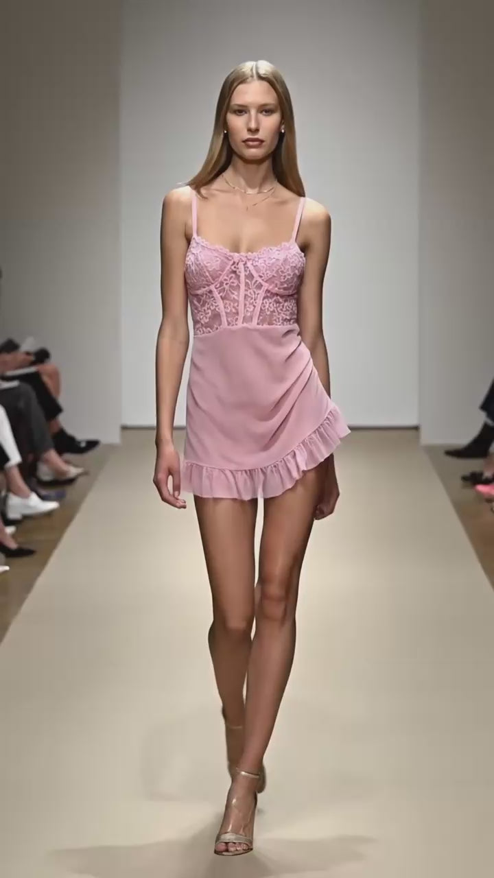 Pembe Balenli Tül Dantelli Gecelik TM1406